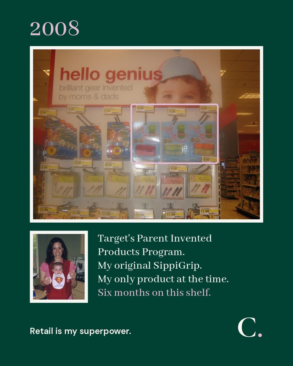 A 2008 photo of the Target &ldquo;hello genius &mdash; brilliant gear invented by moms & dads&rdquo; shelf, with three BooginHead SippiGrip packages outlined in pink among the other parent-invented products, and a small photo of Sari Davidson in 2008 holding her son in a BooginHead bib.