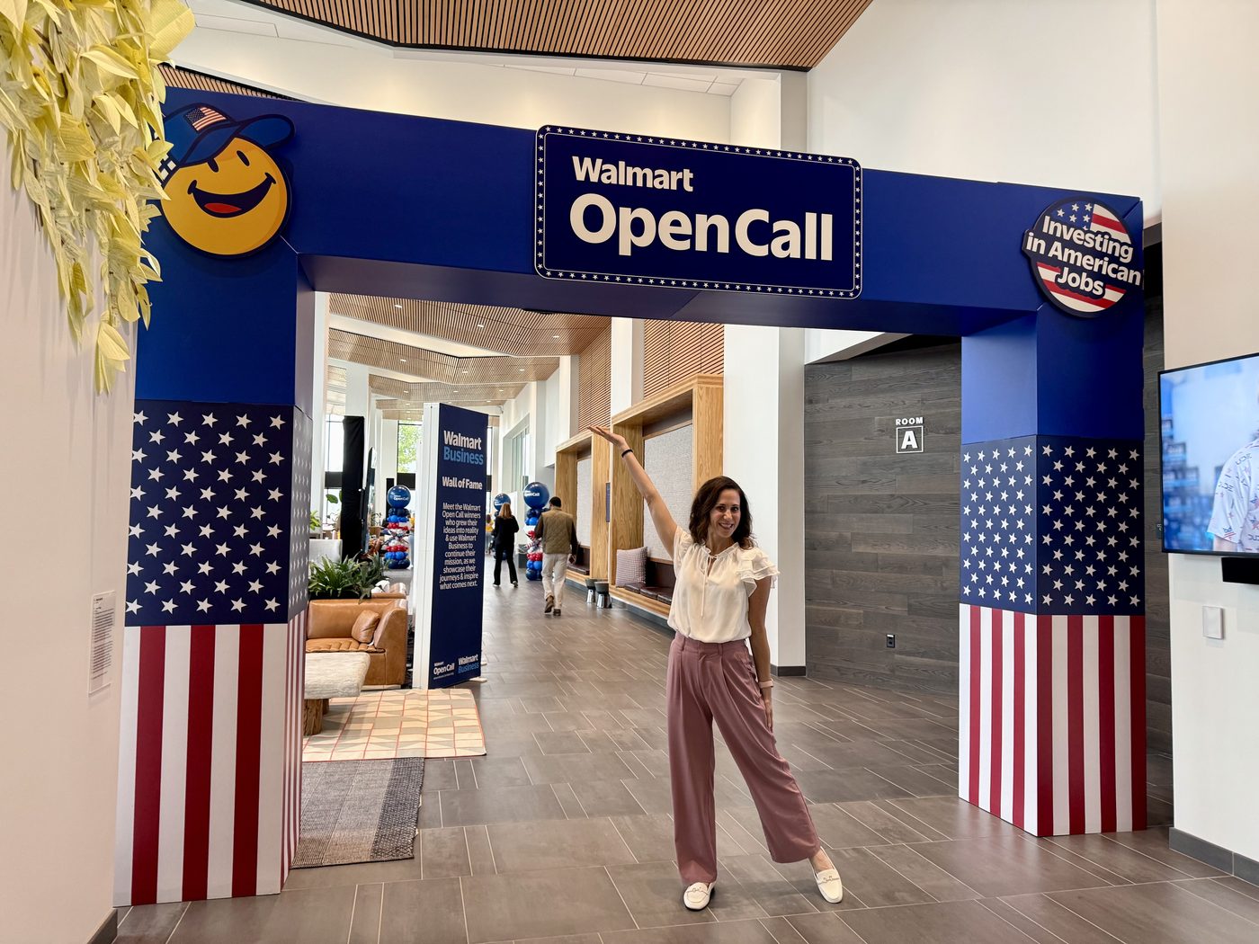 Sari Davidson standing under the Walmart Open Call arch at Walmart’s Home Office in Bentonville, Arkansas.